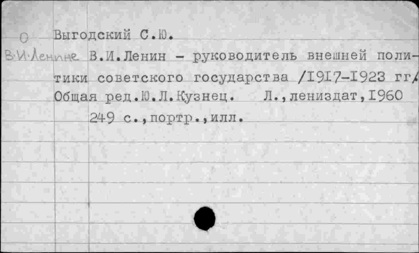 ﻿
Выгодский С. 10.
<7 	 В'Ц’Лен.	.-■-г 8.И.Ленин - руководитель внешней политики советского государства /1917—1923 гг/ Общая пед.Ю.Л.Кузнец. Л.,лениздат,1960	
		249 с.,портр.,илл.
		
		
		
		
			— • ——